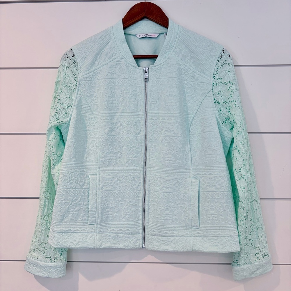 Isaac Mizrahi Live Mint Lace Sleeve Zip Jacket Womens M Textured